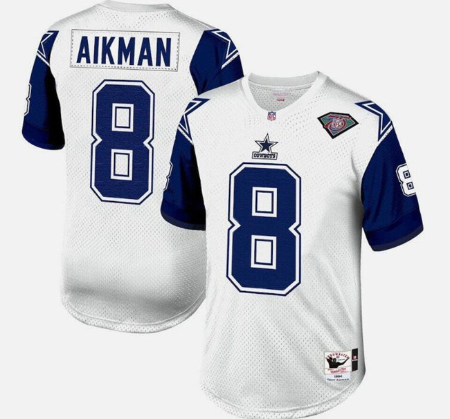 Men's Dallas Cowboys #8 Troy Aikman White 1994 Mitchell & Ness Throwback Stitched Football Jersey